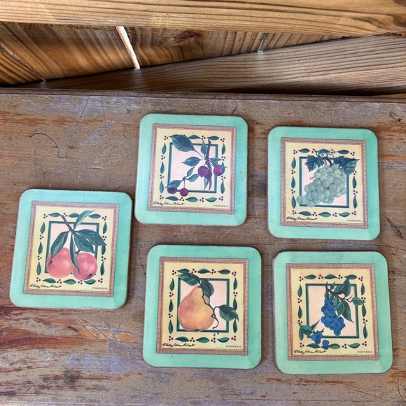 Set of 5 Vintage Pimpernel Fruit Theme Teal Border Cork Back Coasters 4 1/8” - Picture 1 of 8